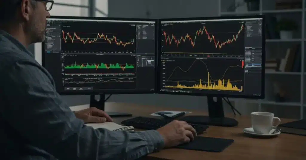 Trader analisando gráficos Forex e aplicando Gestão de Capital para operações seguras e lucrativas.