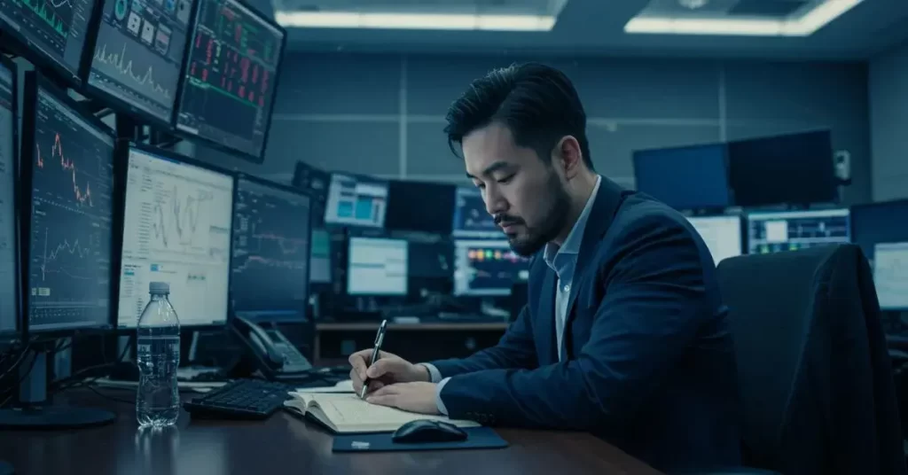 Um trader preenchendo um diário com gráficos de mercado ao fundo.