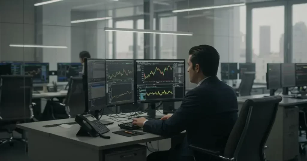 Trader analisando gráficos de XAUUSD com expressão serena.