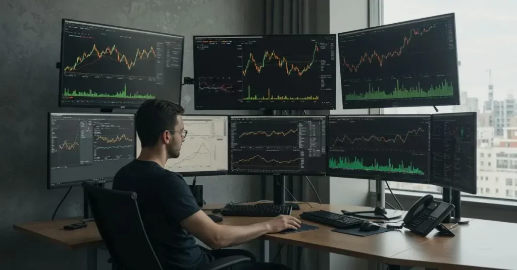 Trader analisando gráficos financeiros com foco no mercado de ouro.