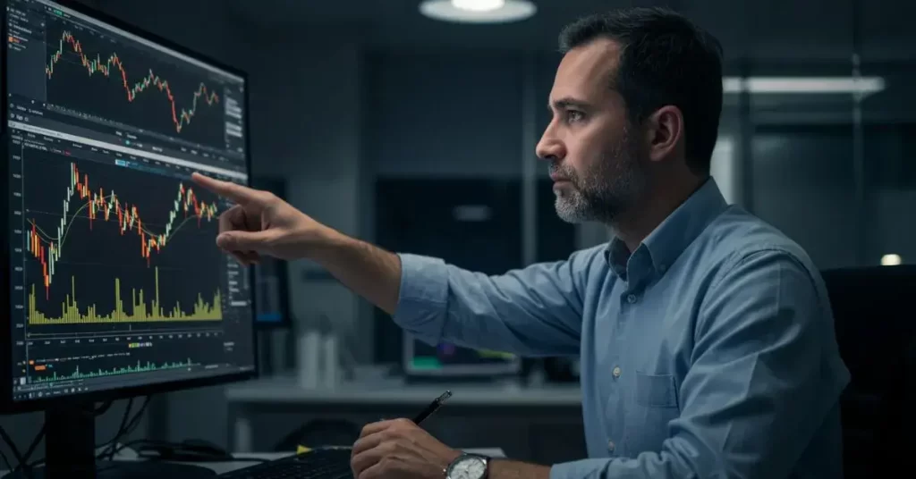 Trader analisando gráficos de XAUUSD em ambiente profissional.