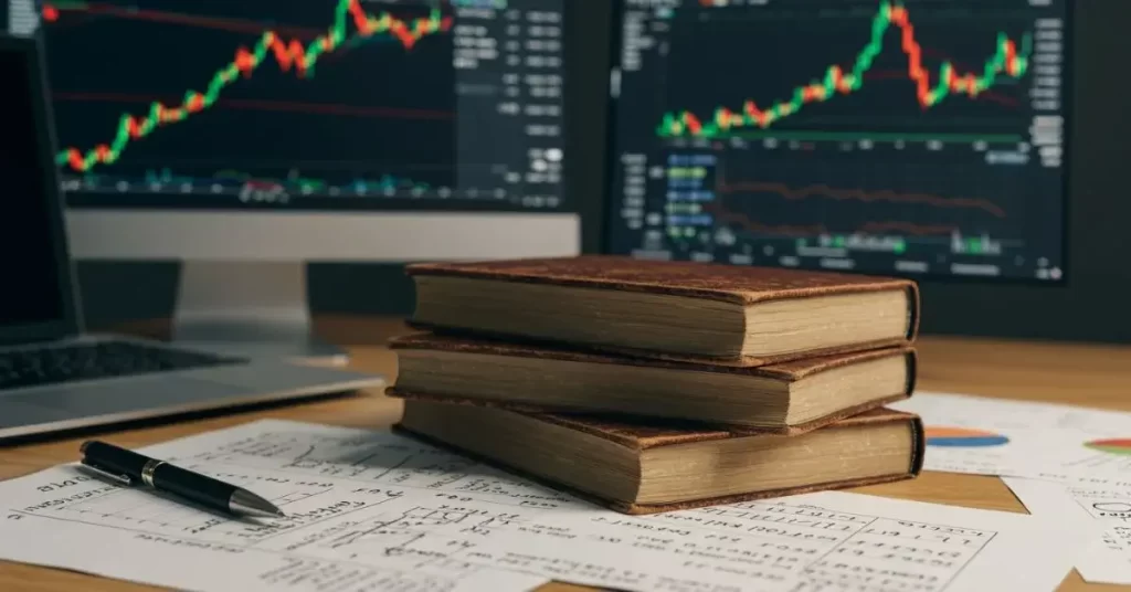 Os melhores livros de trading em destaque sobre uma mesa de trader.