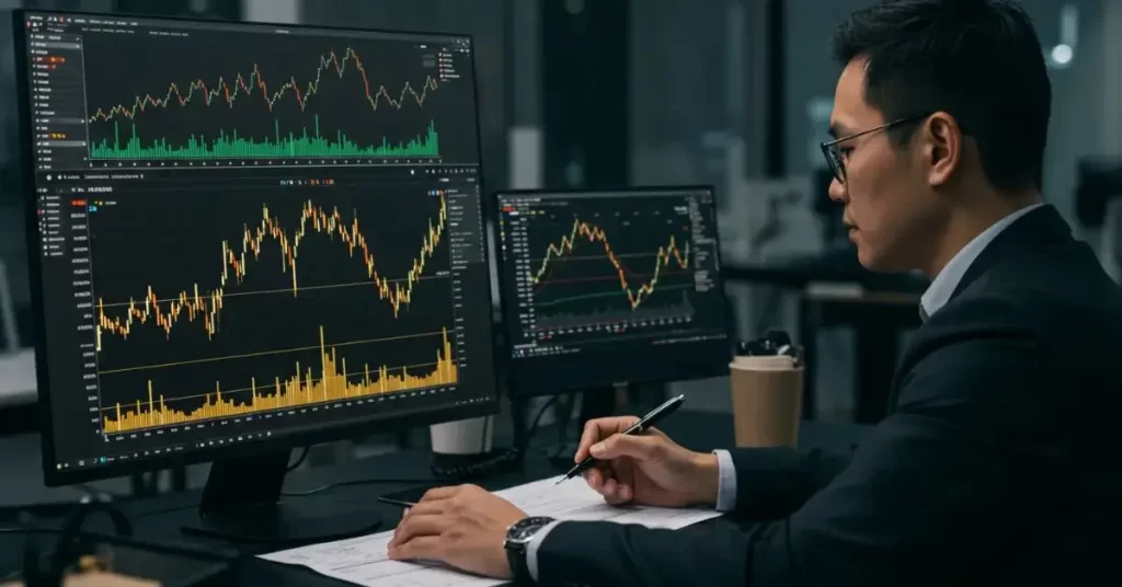 Trader analisando os níveis-chave no gráfico XAUUSD.