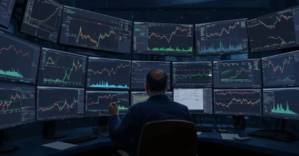 Trader analisando gráficos durante a divulgação do Non-farm Payroll.