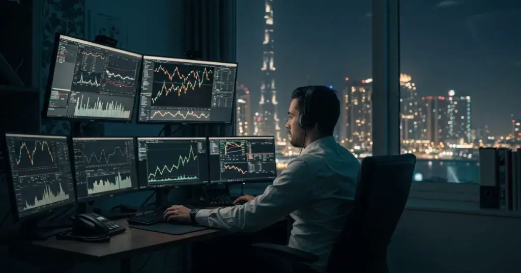 Trader analisando gráficos de ouro no mercado XAUUSD em 2025.