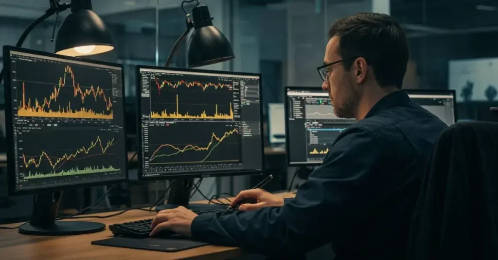 Um trader analisando gráficos de ouro em uma plataforma de trading.