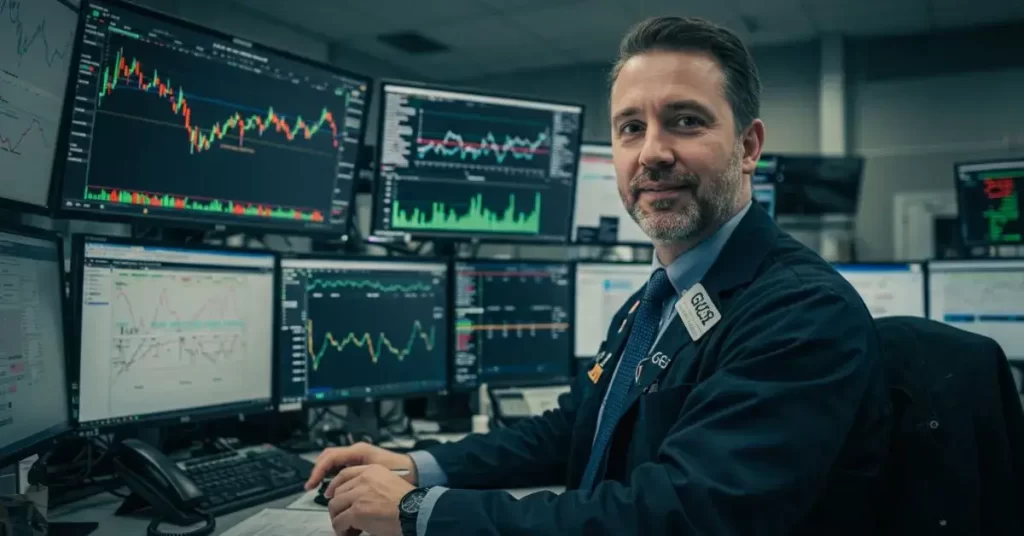 Um trader em um escritório moderno analisando gráficos financeiros.