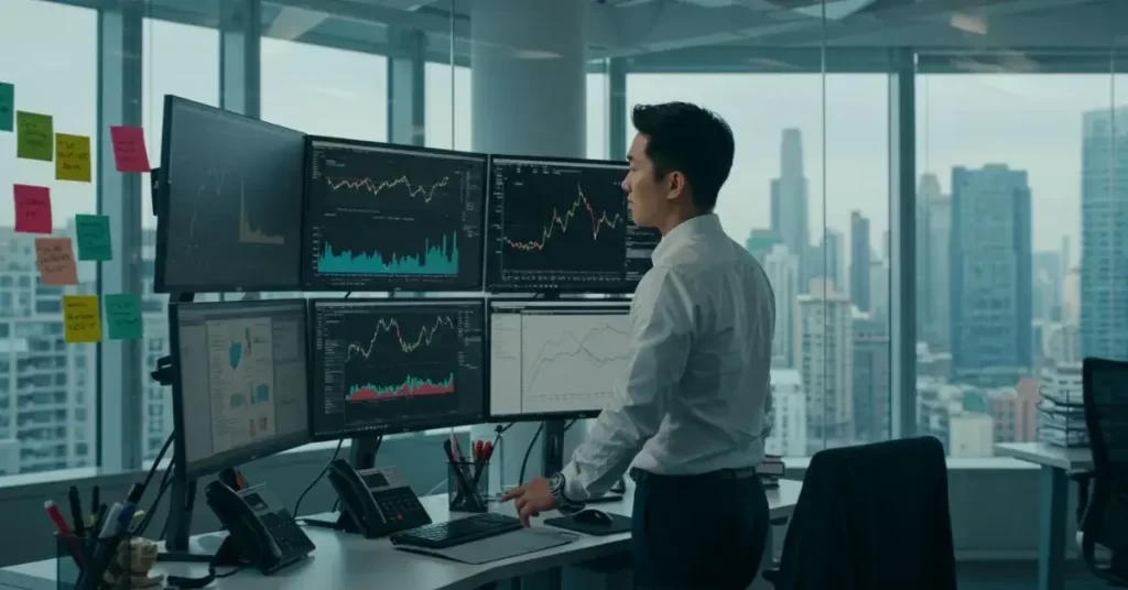 Jovem trader olhando para gráficos financeiros em um laptop.